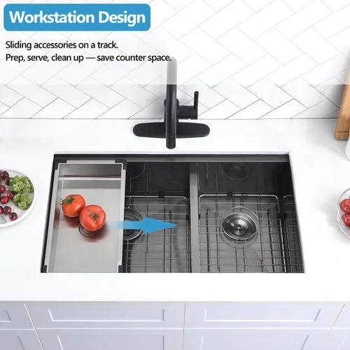 Miniatura 3 de Scamall - Fregadero de cocina doble de 32 pulgadas de montaje bajo encimera color negro, 32 x 19 x 10 pulgadas, acero inoxidable 304 calibre 16