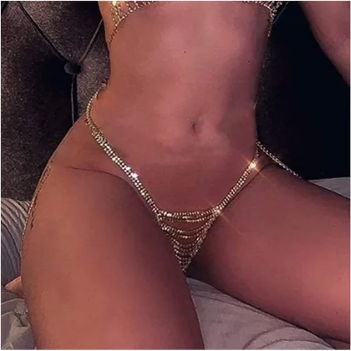 Tanga sexy de Rhinstone para mujer cadena de cristal para el cuerpo joyería de bikini de cristal para el vientre y la cintura dorado