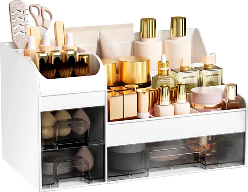 Miniatura 7 de Organizador de maquillaje grande para tocador, organizador de encimera con cajones y soporte para cepillos, organizador de colonia para hombre