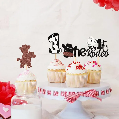 Miniatura 3 de 24 piezas de decoración de cupcakes con purpurina de vaca blanca y negra, para vaqueros, baby shower, niños y niñas, decoración de pastel