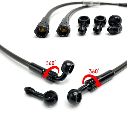 Miniatura 2 de AN3 28 90 grados M10 manguera de freno de motocicleta de acero inoxidable trenzado línea tubo de aceite con Banjo giratorio de 360 grados apto