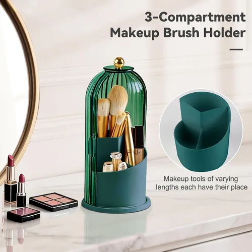 Miniatura 2 de Hvygss Soporte giratorio de 360° para brochas de maquillaje con tapa, organizador de maquillaje impermeable de tres compartimentos, organizador