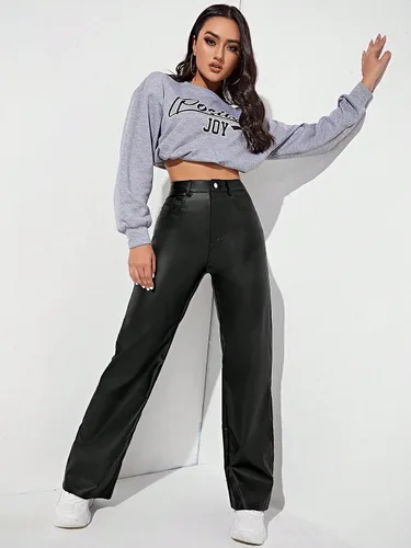 Miniatura 5 de MakeMeChic Pantalones de mezclilla elásticos de cintura alta y pierna recta para mujer