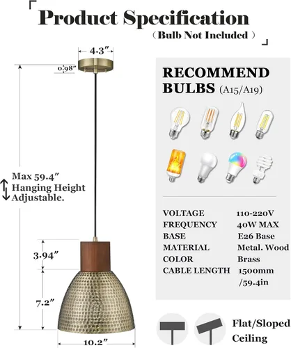 Miniatura 3 de ELYONA - Lámpara colgante vintage martillada, accesorios de iluminación colgante de 10.2 pulgadas, lámpara de barra de metal industrial, lámpara