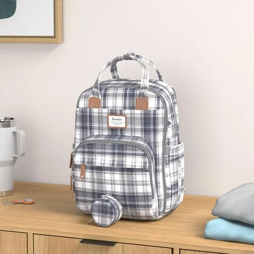 Miniatura 2 de RUVALINO Mochila para pañales, Paquete de viaje multifunción Bolsas cambiadoras para bebés de maternidad, gran capacidad, impermeable, cuadros azules