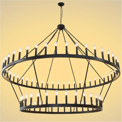 Miniatura 8 de Candelabro de dos niveles en negro, rueda de vagón grande, 54 luces, lámpara colgante de granja redonda de 152 cm, iluminación rústica para comedor