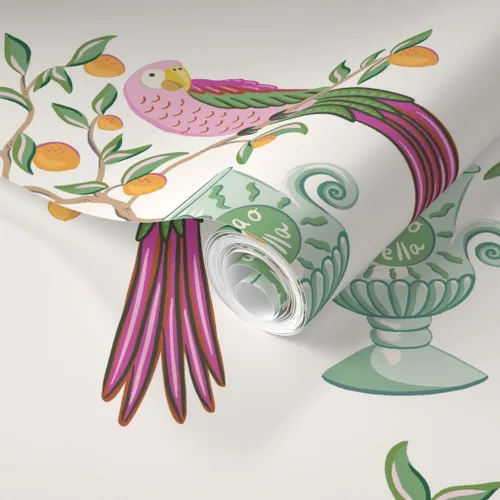 Miniatura 2 de Muestra de papel tapiz extraíble – Pájaros botánicos tropicales loro cítrico floral caprichoso vid hojas naranja limón italiano personalizado