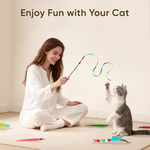 Miniatura 8 de Juguetes para Gatos de Interior, 11 Paquetes Juego de Varita Interactiva para Gatos con Juguetes de Plumas y Recambios de Cinta, Varita Retráctil