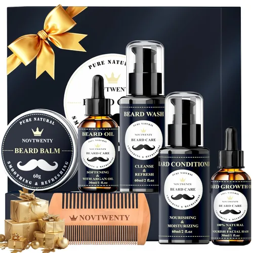 Kit de crecimiento de barba - Kit de 7 piezas, incluye lavado, aceite, acondicionador, bálsamo, peine, caja de regalo para hombres