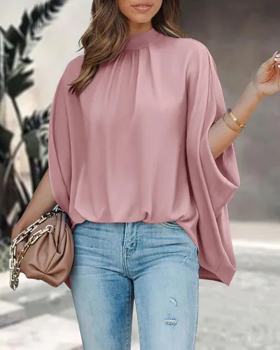 Miniatura 52 de BTFBM Blusas de verano para mujer, cuello alto falso, manga murciélago, holgadas, dobladillo alto y bajo, blusas informales de gran
