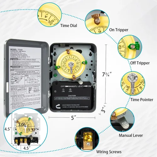 Miniatura 2 de Interruptor de temporizador mecánico T101, 120 V 40 A SPST, 2 HP para temporizador de luz exterior, calentador de agua, HVAC y bomba de piscina, 12