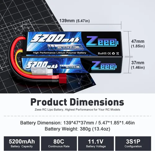 Miniatura 2 de Zeee 3S 5200mAh Lipo Batería 11.1V 80C Hardcase Batería con conector T para RC Car Barco, Camión, Helicóptero, Avión Racing Modelos (2 unidades)