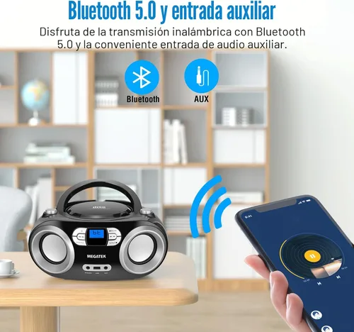 Miniatura 4 de MEGATEK Boombox reproductor de CD portátil con radio FM, Bluetooth y puerto USB, sonido estéreo claro, compatible con CD-R/RW y MP3, entrada