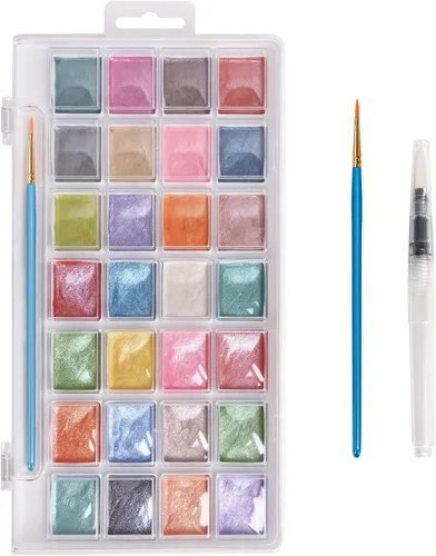 Pintura de acuarela, 28 colores metálicos, lavable, juego de pintura de acuarela con un pincel, un bolígrafo y paleta de pincel de agua recargable,