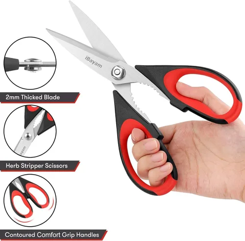 Miniatura 6 de iBayam Paquete de 3 tijeras de cocina de 8.5 pulgadas, multiusos, resistentes con funda protectora, mango de agarre suave y cómodo, juego