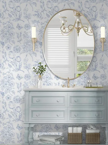 Miniatura 7 de CiCiwind Papel tapiz floral despegar y pegar, papel de contacto azul y blanco, bohemio moderno autoadhesivo removible para baño dormitorio