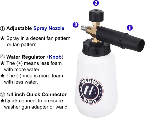 Miniatura 4 de M MINGLE Cañón de espuma, compatible con lavadora a presión Karcher K2, K3, K4, K5, K6, K7, con 5 puntas de boquilla, conector rápido de 1/4