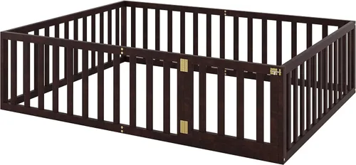 Miniatura 4 de Bellemave Cama de suelo de madera tamaño Queen para niños, cama Montessori con barandillas en forma de valla y puerta, para niños, niños y niñas