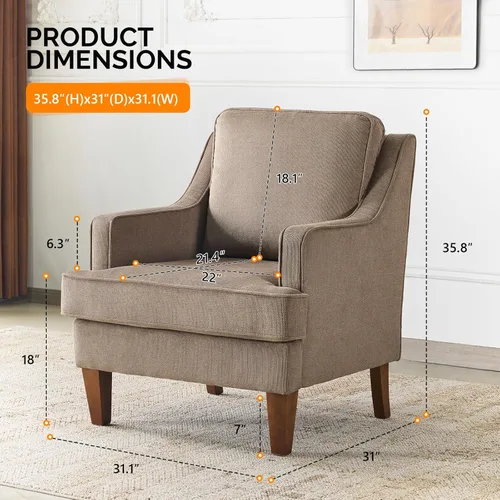 Miniatura 2 de VINGLI Juego de 2 sillas decorativas modernas de mediados de siglo, sillón tapizado marrón claro, cómodos sillones de lectura, respaldo alto