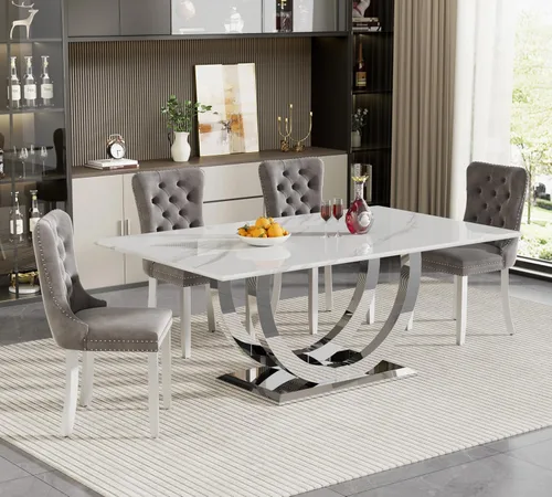 Miniatura 8 de HomVent Juego de mesa de comedor rectangular para 4, juego de mesa de cocina rectangular, juego de mesa de comedor de mármol sintético, juego