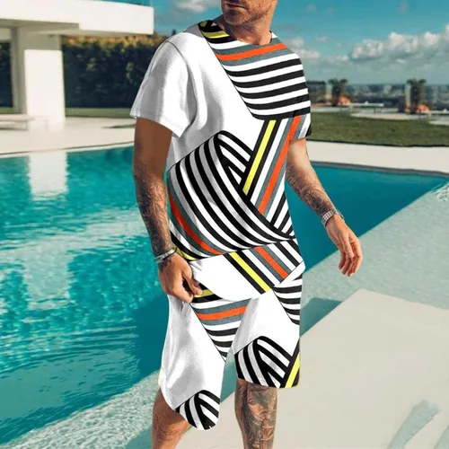 Miniatura 2 de OICIB Conjunto de 2 piezas de verano para hombre, camiseta casual de manga corta y pantalones cortos deportivos de ajuste clásico