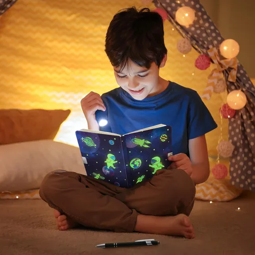 Miniatura 5 de WERNNSAI Diario Luminoso Espacial para Niños, Diario Secreto con Llaves de Cerradura, Cuaderno de Diario con Bolígrafo y Calcomanías, Regalo