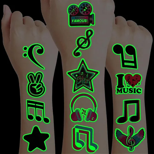 96 piezas de notas musicales precortadas musicales luminosas que brillan en la oscuridad, tatuajes temporales para niños, suministros de fiesta