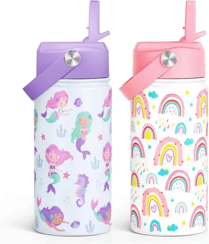 Miniatura 35 de SANDJEST Botella de Agua para Niños con Tapa de Pajita - 12 Oz Botella de Acero Inoxidable Aislada con Dibujo de Animales para Niños y Niñas - Taza