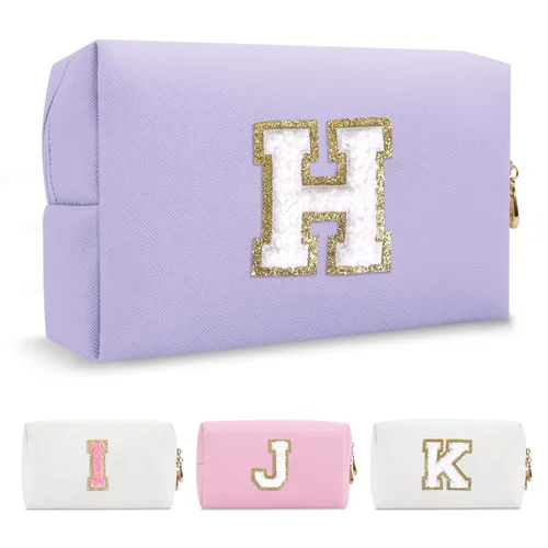 Miniatura 114 de Pequeña bolsa de maquillaje personalizada con inicial A-Z Preppy Patch, bolsa de cosméticos de viaje de felpilla blanca con cremallera, bonita bolsa