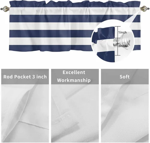 Miniatura 2 de Cortinas de cenefas a rayas blancas y azul marino para cocina, cafetería, cenefa de ventana de rayas modernas náuticas, cortinas cortas de 42 x 12