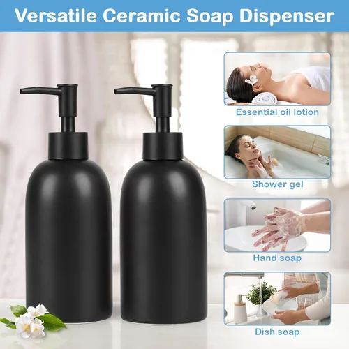 Miniatura 6 de Natheeph Dispensador de jabón de cerámica de 14 onzas, dispensador de jabón de cerámica, puede llenar líquido para baño/cocina (2 unidades, negro)