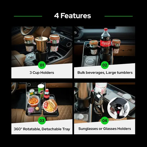 Miniatura 3 de Expansor triple de portavasos para automóvil con 2 bandejas adjuntables con base ajustable y botellas grandes