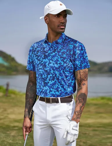 Miniatura 20 de TAPULCO Camisetas tipo polo de secado rápido para hombre, diseño de camuflaje, atléticas, ligeras, transpirables, casuales, para golf