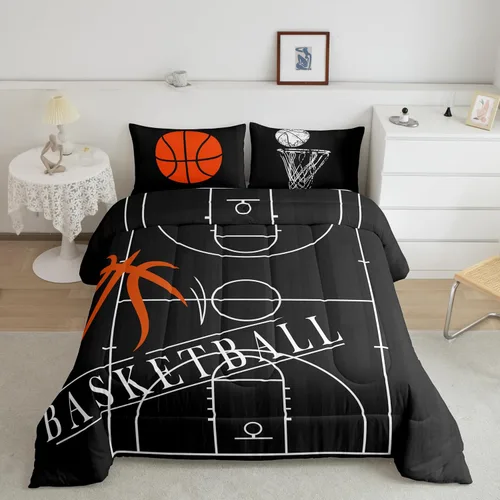 Miniatura 6 de Erosebridal Juego de ropa de cama de baloncesto tamaño individual para niños, juego de edredón deportivo para cancha de baloncesto, edredón marrón