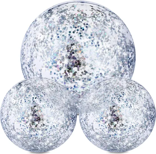 Miniatura 8 de Hsei 3 unidades de bola de playa inflable de 16 pulgadas con purpurina, bolas de discoteca de piscina de verano con confeti, flotables, juguetes Oro