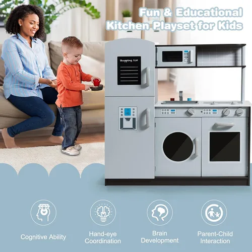 Miniatura 7 de Juego de cocina, juego de cocina de madera para niños con microondas, refrigerador, lavadora, fregadero, accesorios de cocina, hornos, juguetes