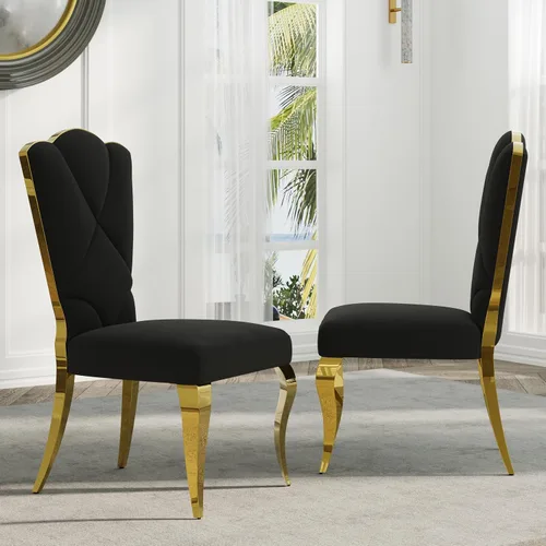 Juego de 2 sillas de comedor de terciopelo negro y dorado, sillas de cocina tapizadas con respaldo alto con patas de acero inoxidable pulido, sillas