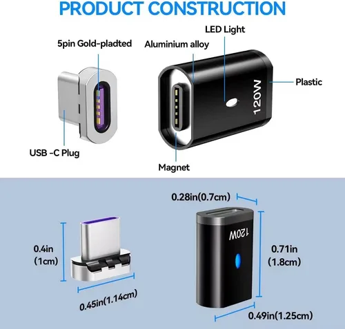 Miniatura 5 de Adaptador magnético USB C Ángel derecho + USB magnético tipo C recto 5 pines, compatible con PD 120 W carga rápida, transferencia de datos de 480