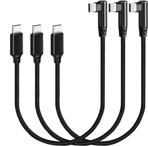 Cable USB C a USB C de 1 pie, paquete de 3 cables, de ángulo recto de 90 grados, tipo C, cable de carga rápida PD de 60W, USB 2.0, trenzado de