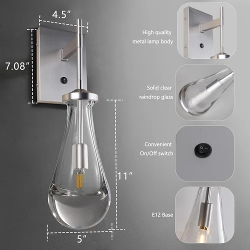 Miniatura 3 de HuisMier Aplique de Pared de Níquel Cepillado, Apliques de Pared Gota de Lluvia con Botón Interruptor de Encendido/Apagado, Moderna Lámpara de Pared
