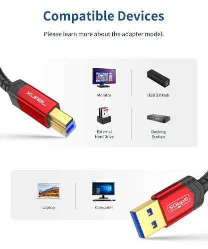 Miniatura 7 de Cable USB B 3.0, JSAUX USB A macho a B 3.0 macho (2M/6.6ft) Cable USB 3.0 tipo B de alimentación trenzado de nylon Compatible con estación de Negro