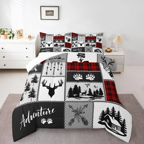 Miniatura 222 de Juego de edredón de cuernos de ciervo tamaño individual, juego de ropa de cama rústica de granja con huellas de oso y pinos para decoración