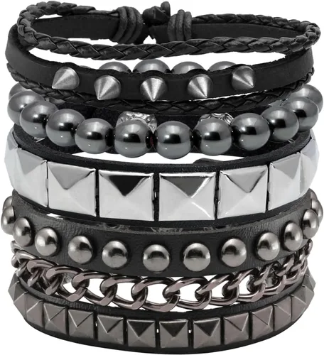Miniatura 3 de Eigso Juego de 4 pulseras de cuero punk, con tachuelas de roca para hombres y mujeres, estilo retro, clásico, con pinchos, de metal, para hombre