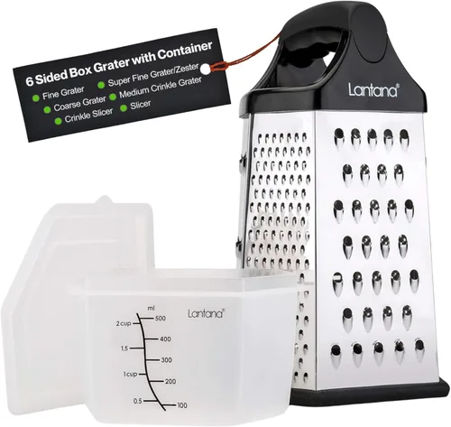 Lantana Rallador de Queso para Cocina con Envase y Tapa - Triturador de Alimentos de Acero Inoxidable de Mano con Asa y 6 Funciones Esenciales para