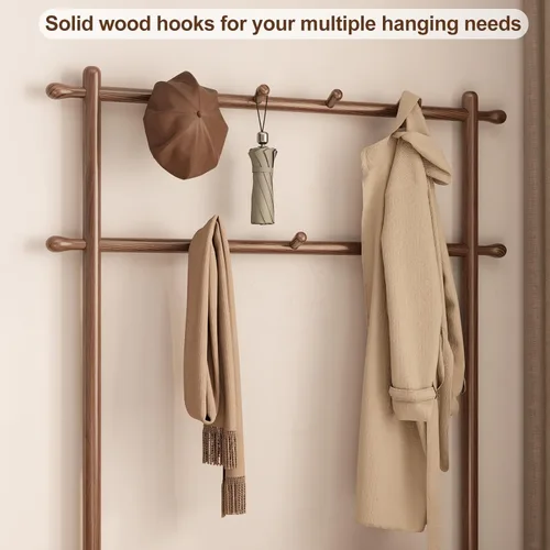 Miniatura 5 de AQIMUELE Perchero con almacenamiento de zapatos, árbol de pasillo de madera con banco, 11 ganchos y estantes de almacenamiento de 2 niveles, 3 en 1