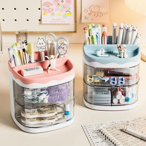 Miniatura 5 de Portalápices, organizador de bolígrafos, soporte para lápices para escritorio, organizador de escritorio con cajón para la escuela, el hogar, Azul