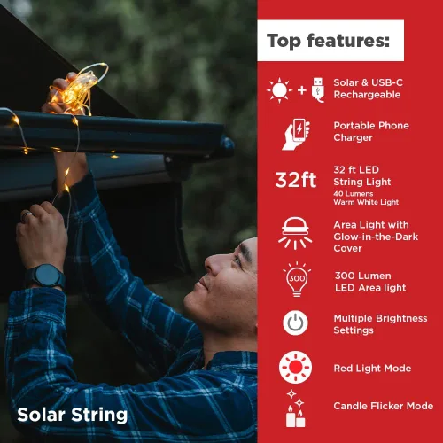 Miniatura 2 de LuminAID Cadena de luces solares con cargador de teléfono, luces recargables para tienda de campaña para campamento, cadena de luces de 32 pies