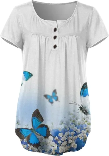 Miniatura 3 de Summer Womens Low Neck Short Sleeve Tops Floral Printing T Shirt with Buckle Pleat Casual Slim Tee Blouse for Teen Girl