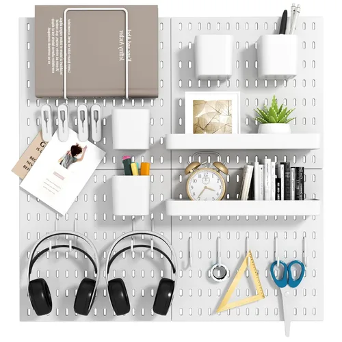 Kit de combinación de tablero de clavijas, 4 tableros de clavijas con 20 accesorios, organizador de pared de tablero de clavijas para oficina, Blanco