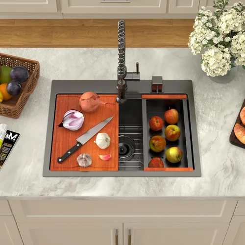 Miniatura 2 de Dcolora Fregadero de Cocina Negro de 25 Pulgadas Drop In, Fregadero de Estación de Trabajo de Acero Inoxidable Negro Nano-PVD de Un Solo Tazón
